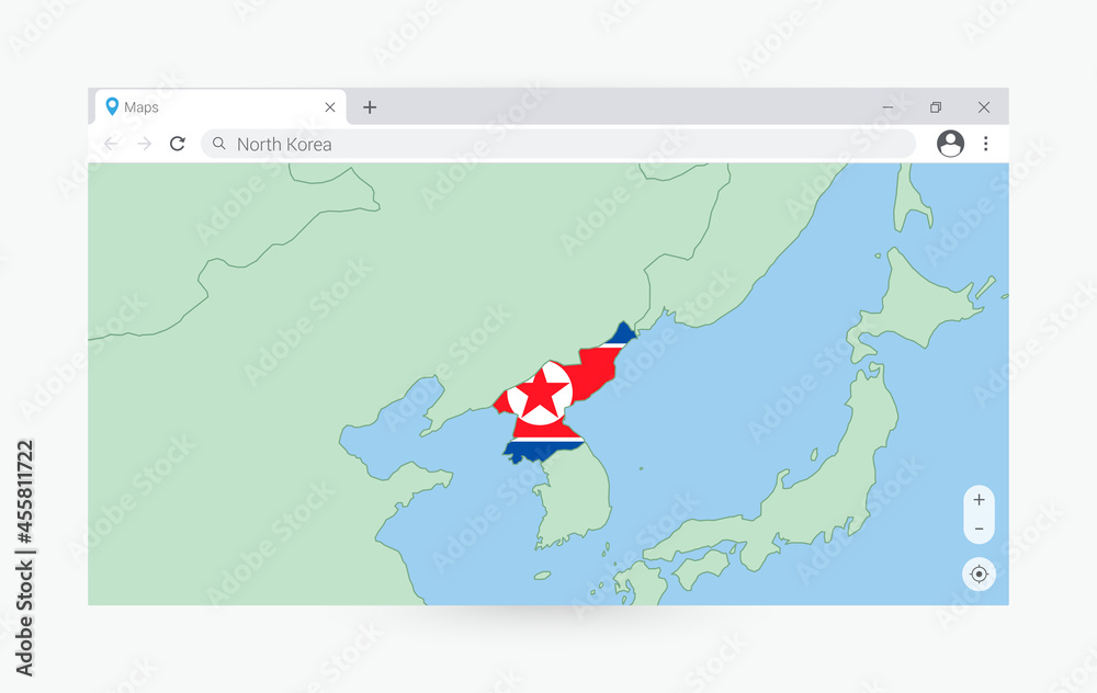 Browser window with map of North Korea, searching  North Korea in internet.