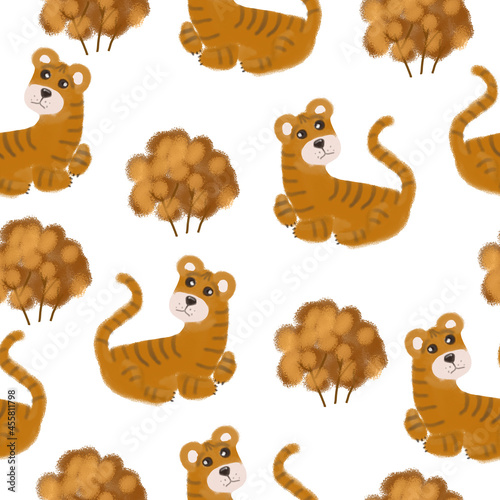 Seamless pattern with a tiger. Design for a holiday. Printing for wrapping paper. An illustration for printing. Children s composition. Texture for fabric and paper.