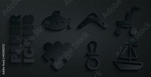Set Baby dummy pacifier, stroller, Puzzle pieces toy, Toy boat, Boomerang and Submarine icon. Vector