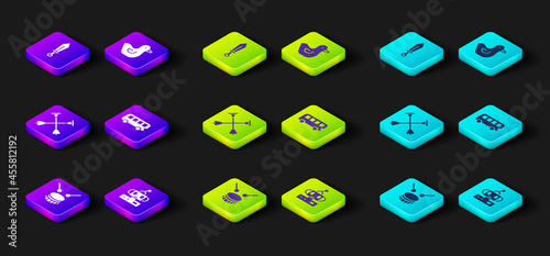 Set Drum with drum sticks, Robot toy, Arrow sucker tip, Bus, Rubber duck and Sword icon. Vector