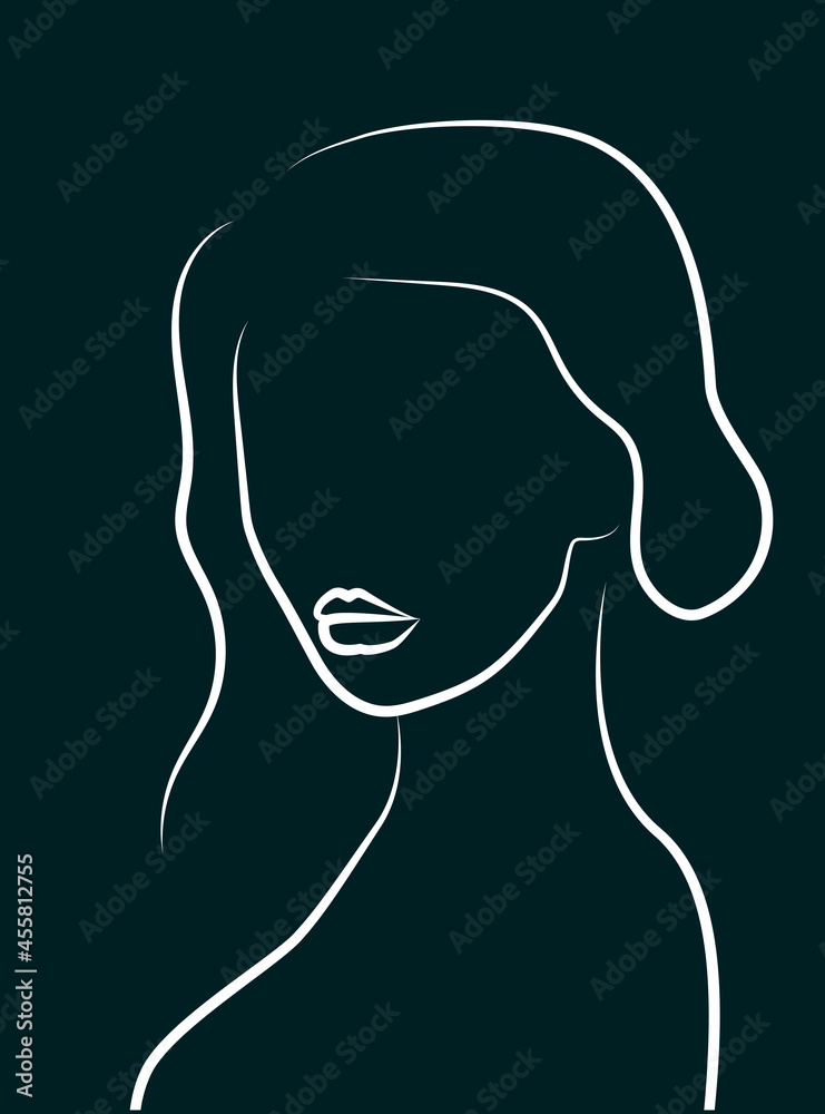 A simple silhouette of a woman with full lips. White line on green. Portrait line art minimalistic style.