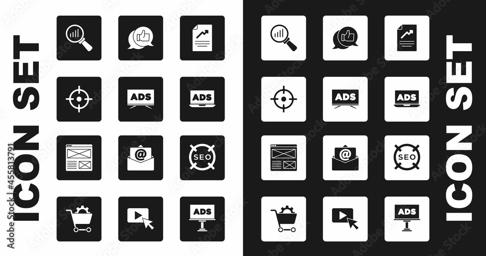 Set Document with graph chart, Advertising, Target sport, Magnifying glass and analysis, Customer product rating, SEO optimization and Browser window icon. Vector Set Document with graph chart, Advertising, Target sport, Magnifying glass and analysis, Customer product rating, SEO optimization and Browser window icon. Vector
