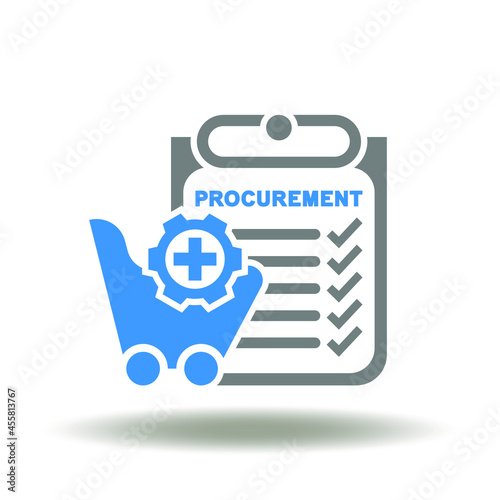 Check list and shopping cart with gear and plus vector illustration. Procurement symbol.