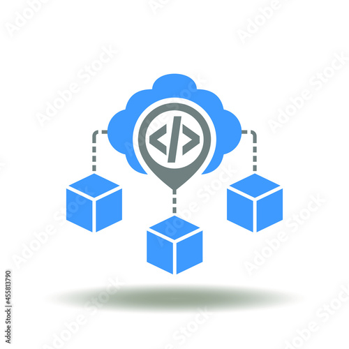 Cloud with location pointer, code sign and network block chain vector illustration. Metadata symbol. Internet meta data icon.