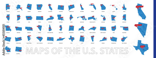 Collection of low-polygon maps of U.S. states with a state capital sign. photo