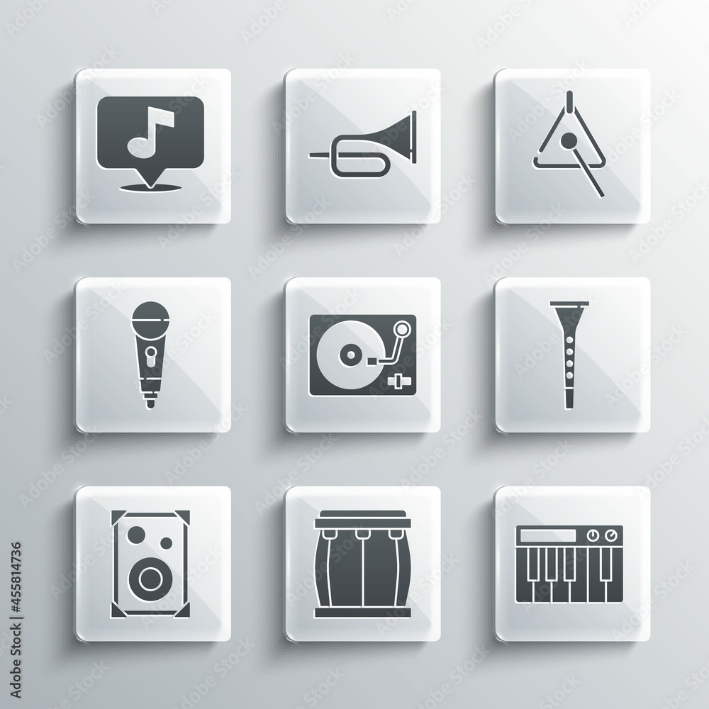 Set Drum, Music synthesizer, Clarinet, Vinyl player with vinyl disk, Stereo speaker, Microphone, Musical note and Triangle icon. Vector Set Drum, Music synthesizer, Clarinet, Vinyl player with vinyl disk, Stereo speaker, Microphone, Musical note and Triangle icon. Vector