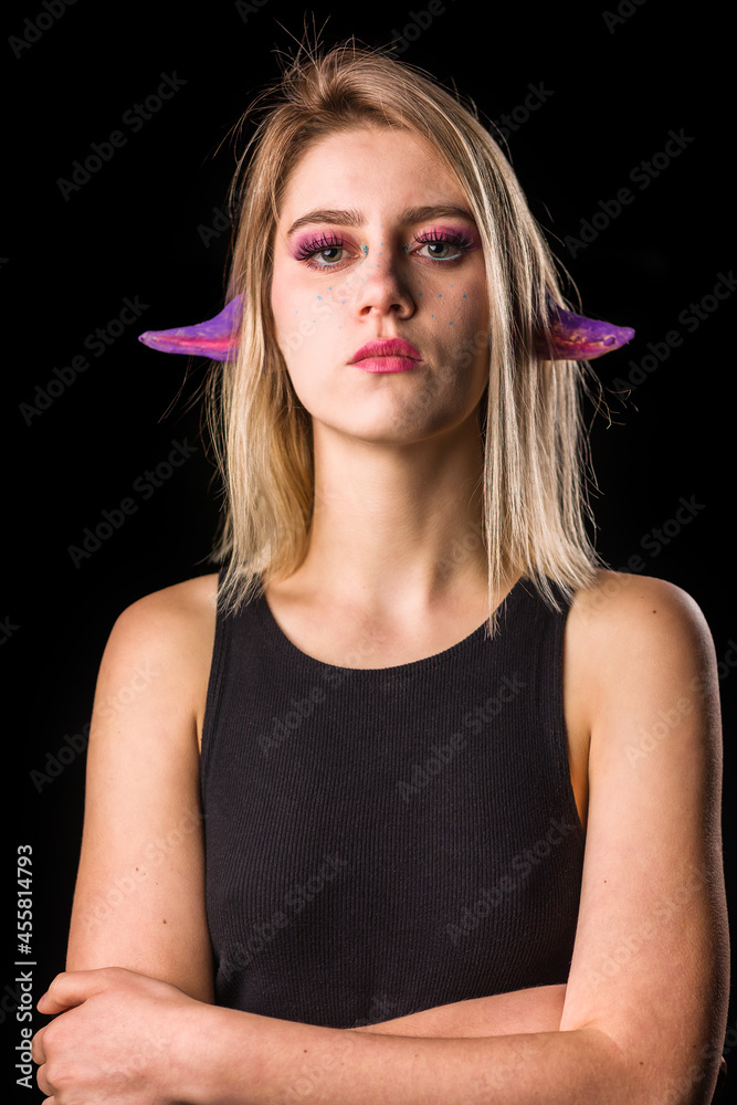 Fototapeta premium Samhain origin of Halloween costume and makeup.Celtic mythology. Young Naiad fairytale in Galicia 