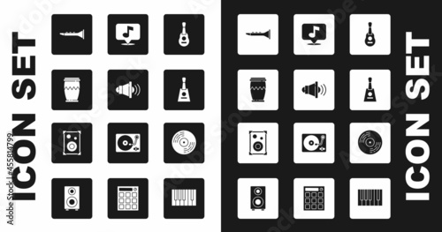 Set Guitar, Speaker volume, Drum, Clarinet, Balalaika, Musical note, Vinyl disk and Stereo speaker icon. Vector