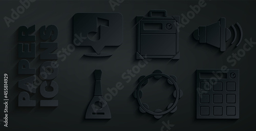 Set Tambourine, Speaker volume, Balalaika, Drum machine, Guitar amplifier and Musical note icon. Vector