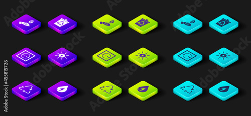 Set Recycle symbol, Water energy, Electrical outlet, Solar panel, bin with recycle and Plant hand icon. Vector