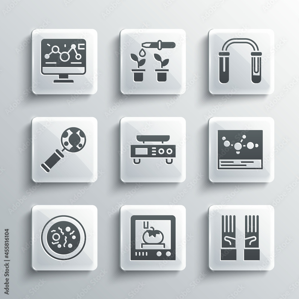 Set 3D printing technology, Chemical formula, Electronic scales, Petri dish with bacteria, DNA research, search, Genetic engineering modification and Test tube and flask icon. Vector