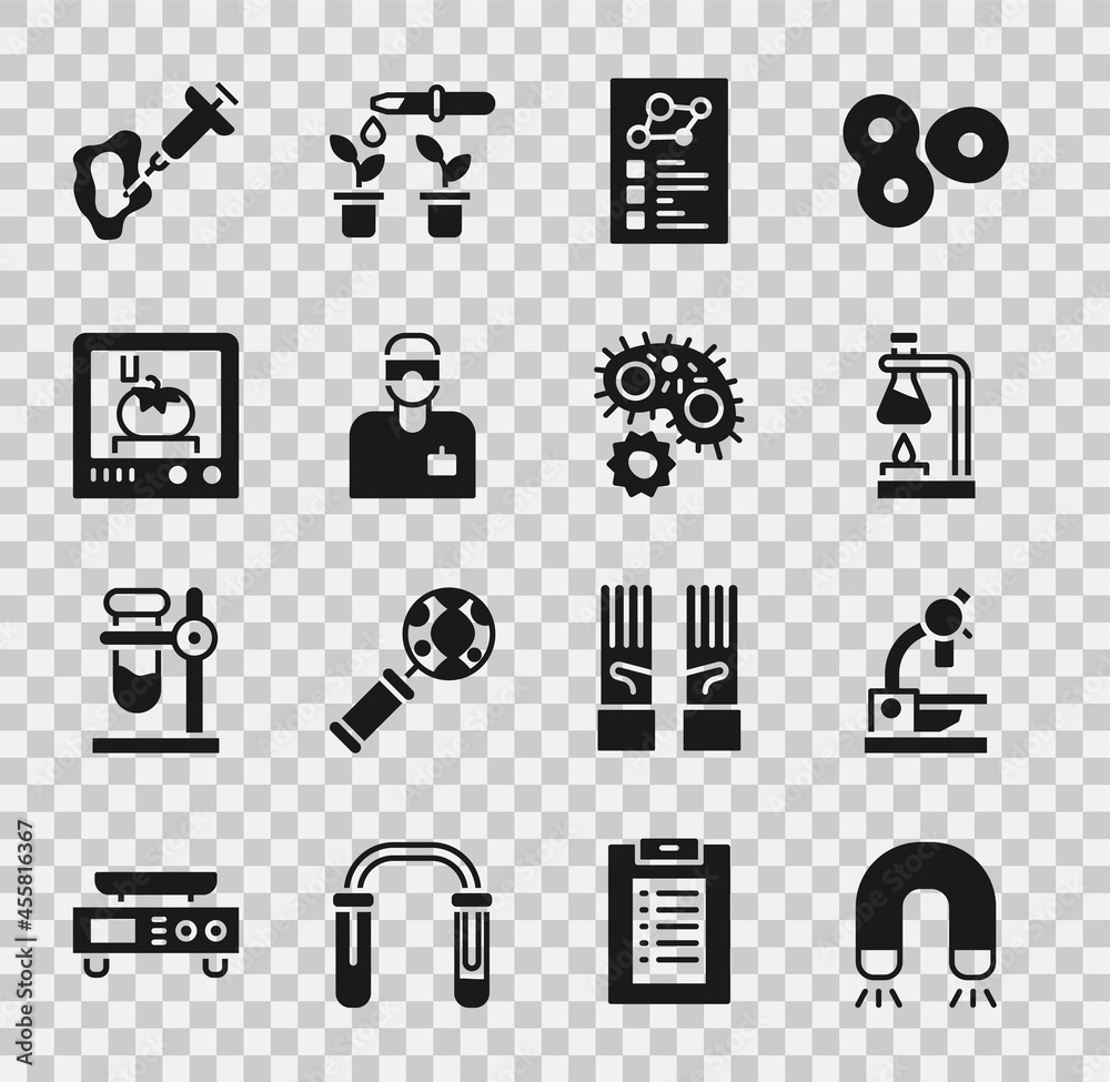 Set Magnet, Microscope, Test tube flask on fire, Clinical record, Laboratory assistant, 3D printing technology, Syringe and Virus icon. Vector Set Magnet, Microscope, Test tube flask on fire, Clinical record, Laboratory assistant, 3D printing technology, Syringe and Virus icon. Vector