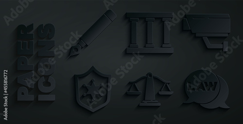 Set Scales of justice, Security camera, Police badge, Law, Prison window and Fountain pen nib icon. Vector