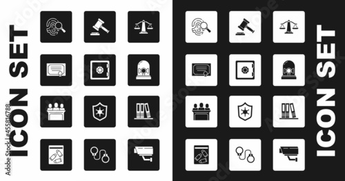 Set Scales of justice, Safe, Certificate template, Fingerprint, Flasher siren, Judge gavel, Office folders and Jurors icon. Vector