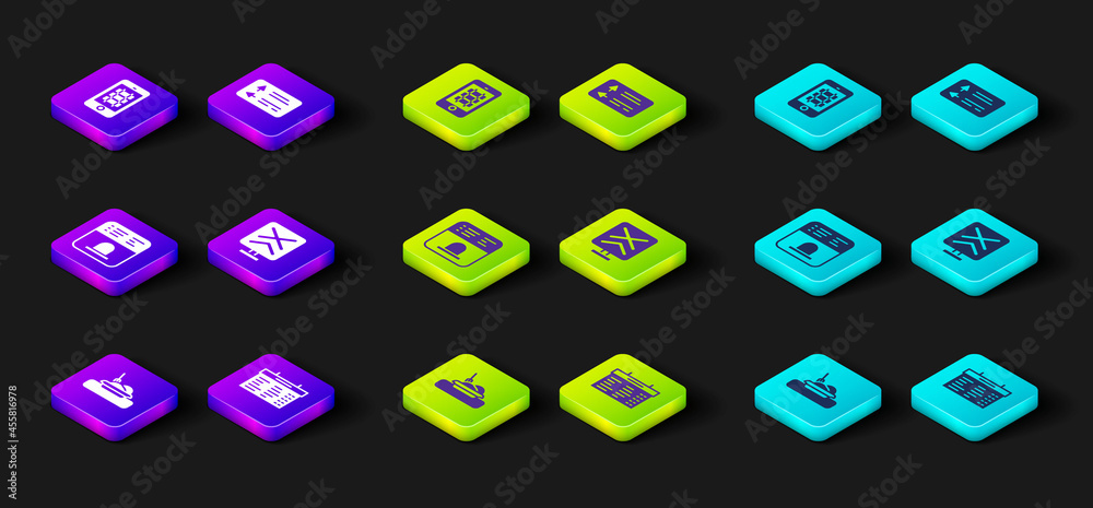 Set Plate with food, Train station board, Ticket office to buy tickets, Railroad crossing, Road traffic signpost and Buy train online icon. Vector Set Plate with food, Train station board, Ticket office to buy tickets, Railroad crossing, Road traffic signpost and Buy train online icon. Vector