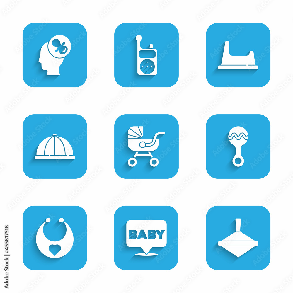Set Baby stroller, Whirligig toy, Rattle baby, bib, hat, potty and dummy pacifier icon. Vector