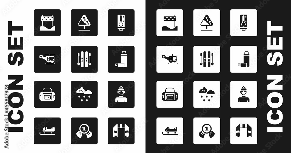 Set Meteorology thermometer, Ski and sticks, Rescue helicopter, Ribbon in finishing line, Thermos container, Road sign avalanches, Winter athlete and Sport bag icon. Vector Set Meteorology thermometer, Ski and sticks, Rescue helicopter, Ribbon in finishing line, Thermos container, Road sign avalanches, Winter athlete and Sport bag icon. Vector