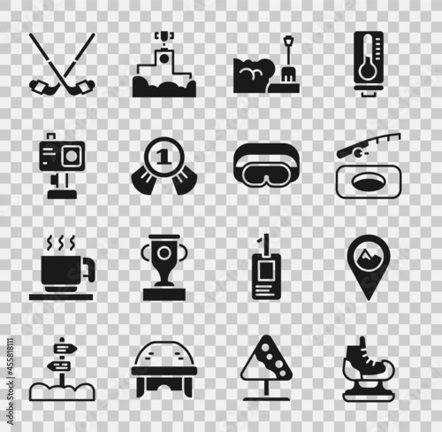 Set Skates, Location with mountain, Winter fishing, Shovel snowdrift, Medal, Action camera, Ice hockey sticks and Ski goggles icon. Vector