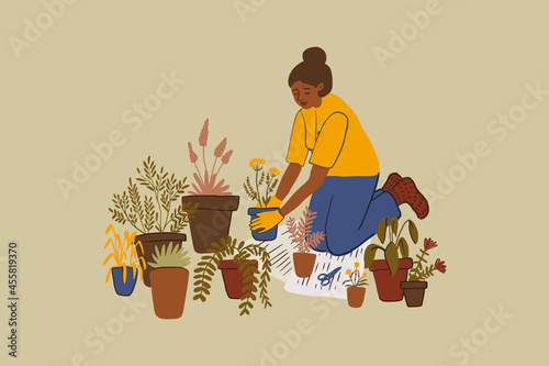 Hand drawn young african girl plants flowers in pots. Cute black woman transplants plants, doing gardening, preparation to spring. Home hobby, relaxation concept. Vector illustration