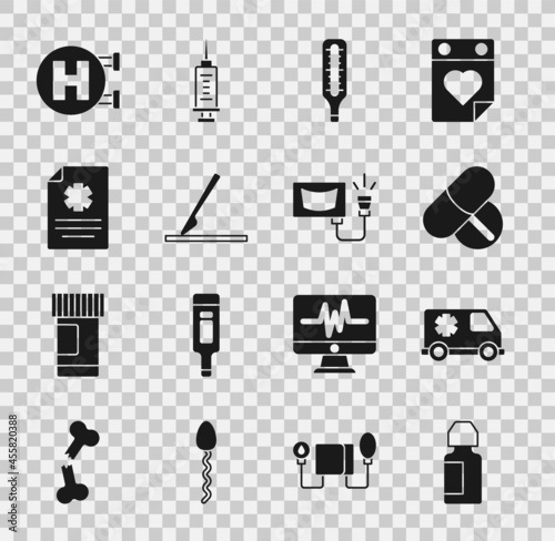 Set Eye drop bottle, Emergency car, Medicine pill or tablet, Medical thermometer, surgery scalpel, Clinical record, Hospital signboard and Ultrasound icon. Vector