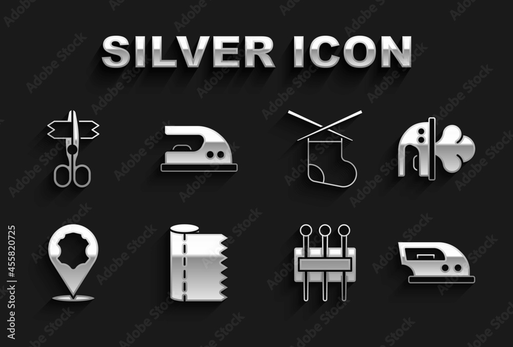 Set Textile fabric roll, Electric iron, Needle for sewing, Leather, Knitting needles, Scissors and icon. Vector Set Textile fabric roll, Electric iron, Needle for sewing, Leather, Knitting needles, Scissors and icon. Vector
