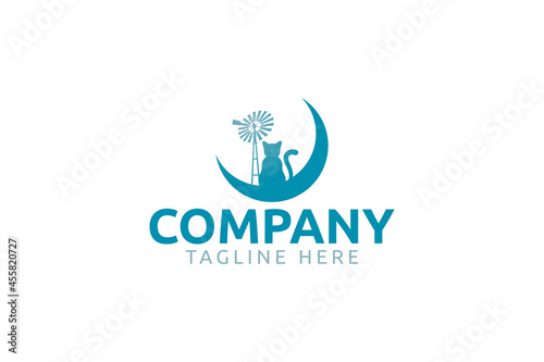 pet rescue logo vector graphic with a peaceful cat, moon and windmill for any business especially for cat rescue, pet store, shop, charity,veterinary, etc.