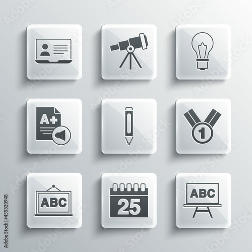 Set Calendar, Chalkboard, Medal, Marker pen, Exam sheet with A plus grade, Online class and Light bulb idea icon. Vector