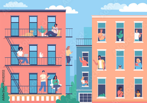 Modern city buildings and happy neighborhood lifestyle people. Urban street vector cartoon illustration 