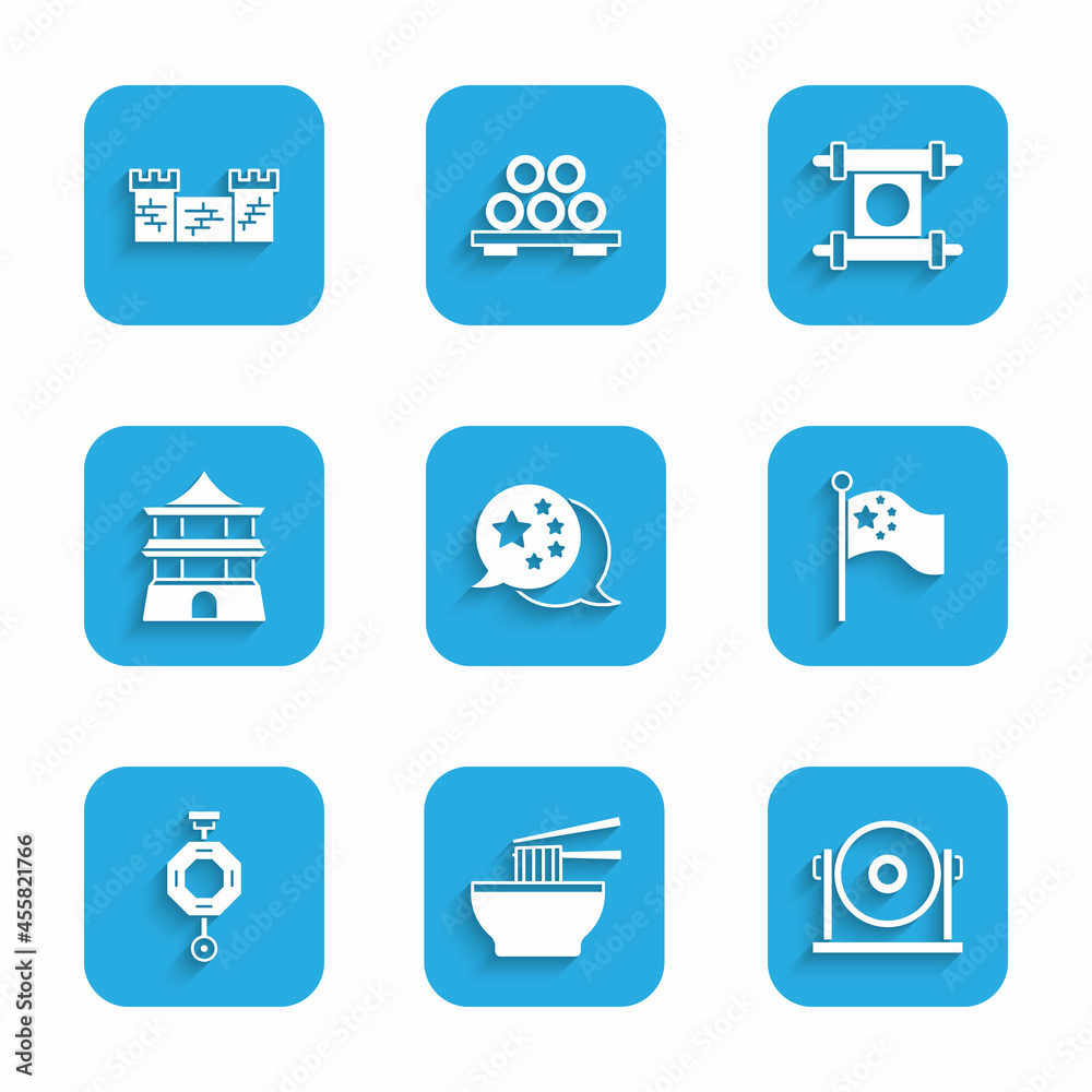 Set China flag, Asian noodles bowl, Gong, flagpole, Chinese paper lantern, house, Decree, paper, parchment, scroll and Great wall of icon. Vector Set China flag, Asian noodles bowl, Gong, flagpole, Chinese paper lantern, house, Decree, paper, parchment, scroll and Great wall of icon. Vector