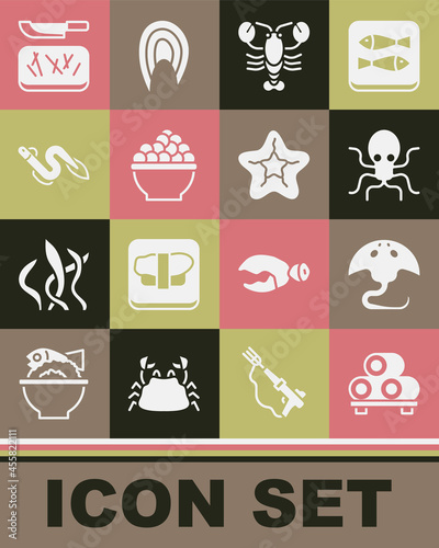 Set Sushi on cutting board, Stingray, Octopus, Lobster, Caviar, Eel fish, Cutting and knife and Starfish icon. Vector