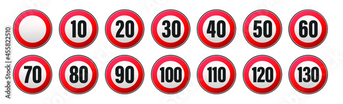Vector high quality flat style collection set of generic speed limit signs with black number and red circle - usable for metaphor communication in business field.