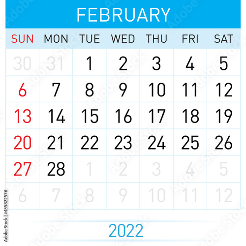 February Planner Calendar 2022. Illustration of Calendar in Simple and Clean Table Style for Template Design on White Background. Week Starts on Sunday
