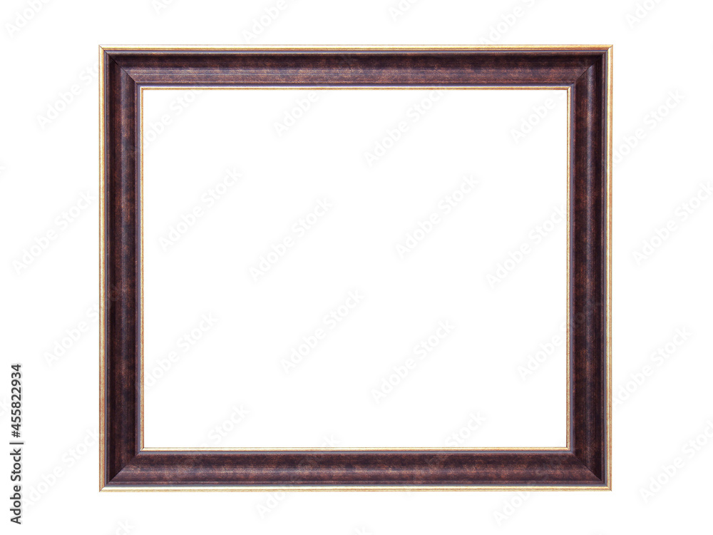 Wooden golden dark brown frame for paintings. Isolated on white Wooden golden dark brown frame for paintings. Isolated on white