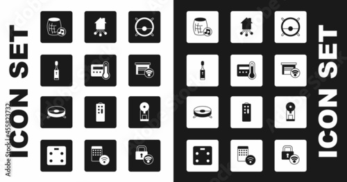 Set Robot vacuum cleaner, Thermostat, Electric toothbrush, Voice assistant, Smart garage, home, coffee machine and icon. Vector
