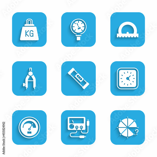 Set Construction bubble level, Multimeter, voltmeter, Circle of pieces, Clock, Speedometer, Drawing compass, Protractor and Weight icon. Vector