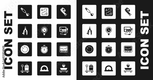 Set Measuring tape, Pressure water meter, Drawing compass, spoon, Multimeter, voltmeter, Route location, instrument and Radius icon. Vector