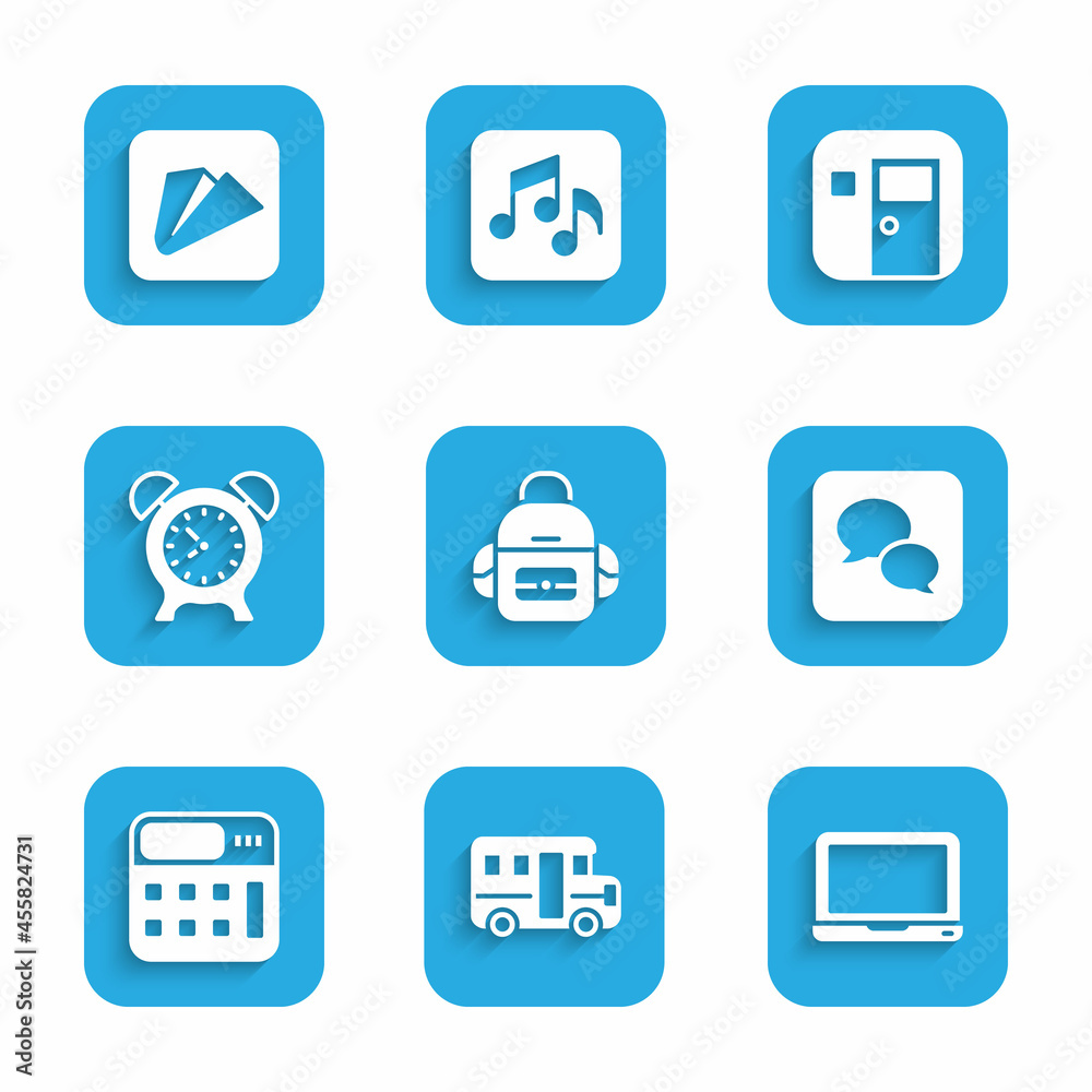 Set School backpack, Bus, Laptop, Speech bubble chat, Calculator, Alarm clock, classroom and Paper airplane icon. Vector Set School backpack, Bus, Laptop, Speech bubble chat, Calculator, Alarm clock, classroom and Paper airplane icon. Vector