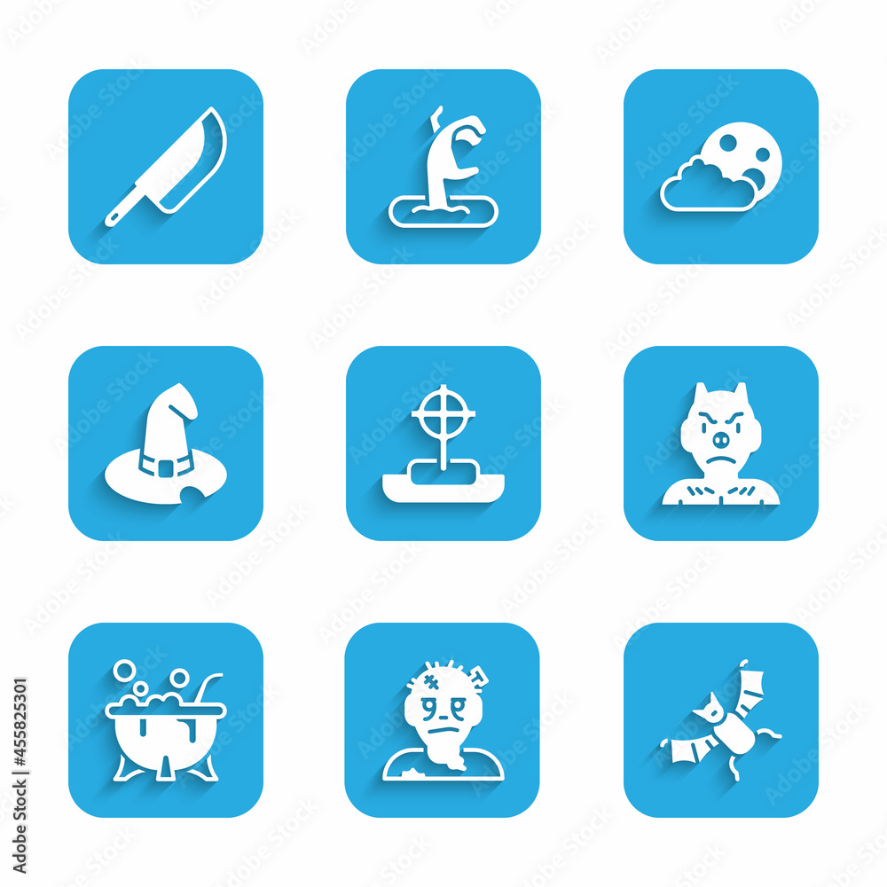 Set Tombstone with cross, Zombie mask, Flying bat, Krampus, heck, Halloween witch cauldron, Witch hat, Moon and stars and Knife icon. Vector Set Tombstone with cross, Zombie mask, Flying bat, Krampus, heck, Halloween witch cauldron, Witch hat, Moon and stars and Knife icon. Vector