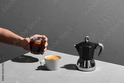Coffee maker moka pot with cups photo