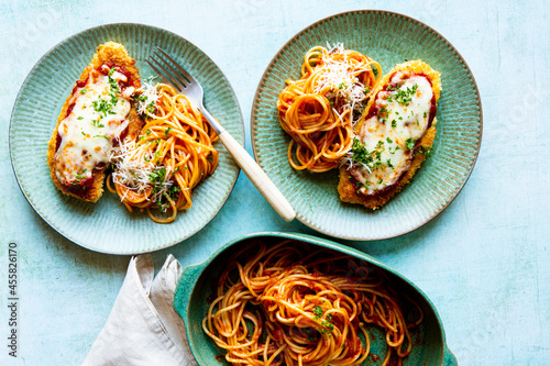 Chicken breast parmesan with marinara pasta spaghetti