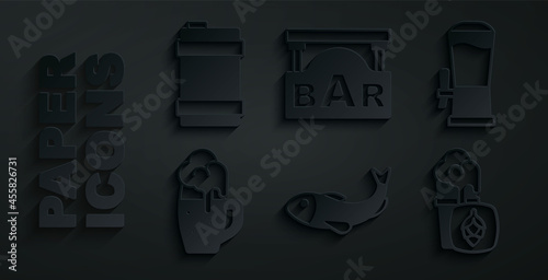 Set Dried fish, Beer tap, Glass of beer, Street signboard with Bar and Metal keg icon. Vector