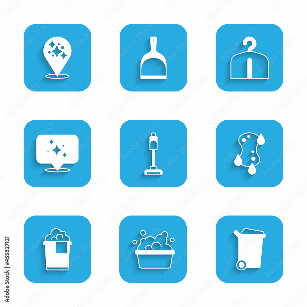 Set Vacuum cleaner, Basin with soap suds, Trash can, Sponge, Bucket foam, Home cleaning service, Hanger wardrobe and icon. Vector Set Vacuum cleaner, Basin with soap suds, Trash can, Sponge, Bucket foam, Home cleaning service, Hanger wardrobe and icon. Vector