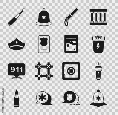 Set British police helmet, Flashlight, Police electric shocker, rubber baton, badge with id case, cap cockade, Telescopic and Plastic bag of drug icon. Vector