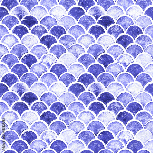 Blue sea wave geometric texture. Fish scale seamless pattern. Print for textile, wallpaper, wrapping.