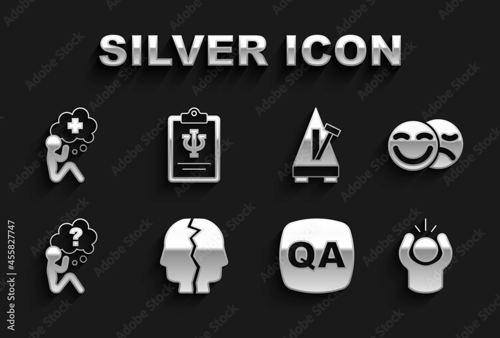 Set Bipolar disorder, Comedy and tragedy masks, Anger, Question Answer, Head with question mark, Metronome pendulum, Helping hand and Psychology, Psi icon. Vector Set Bipolar disorder, Comedy and tragedy masks, Anger, Question Answer, Head with question mark, Metronome pendulum, Helping hand and Psychology, Psi icon. Vector