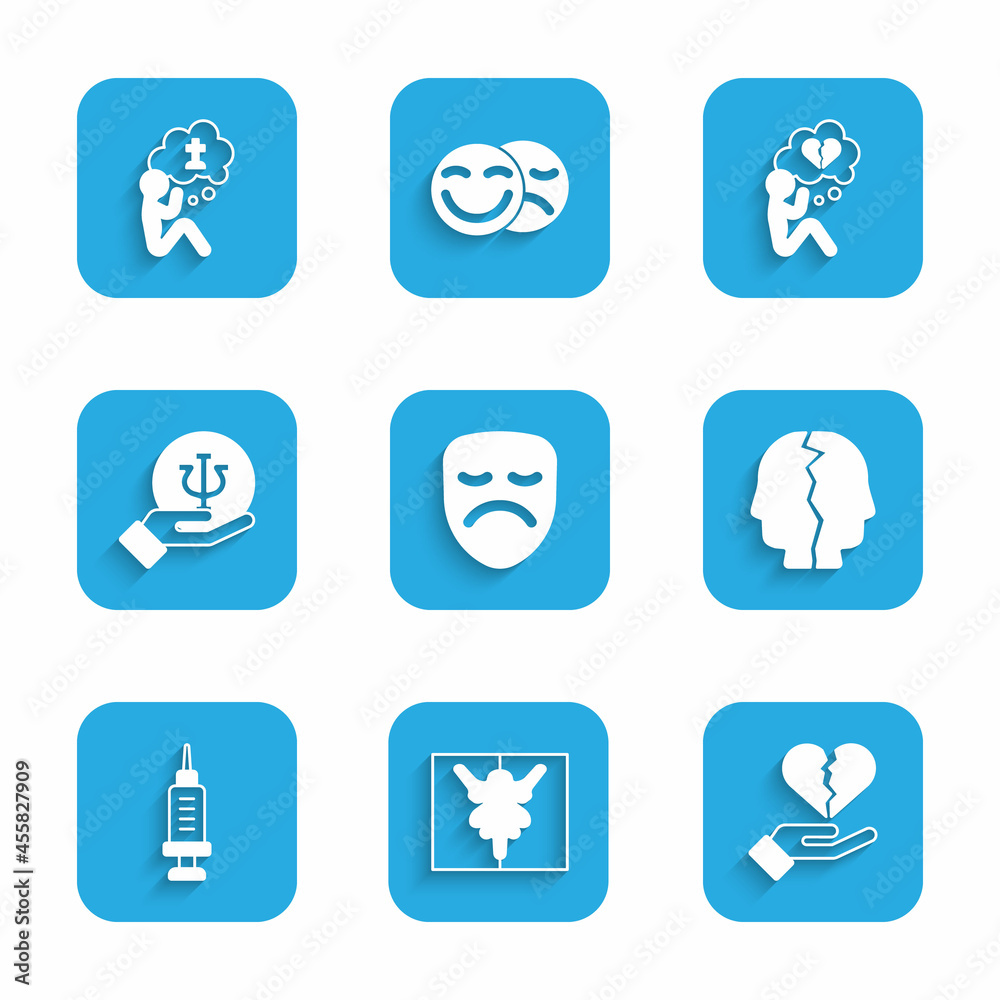 Set Drama theatrical mask, Rorschach test, Broken heart divorce, Bipolar disorder, Addiction to drug, Psychology, Psi, and Man graves funeral sorrow icon. Vector Set Drama theatrical mask, Rorschach test, Broken heart divorce, Bipolar disorder, Addiction to drug, Psychology, Psi, and Man graves funeral sorrow icon. Vector