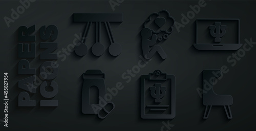 Set Psychology, Psi, Psychologist online, Sedative pills, Armchair, Head with heart and Pendulum icon. Vector