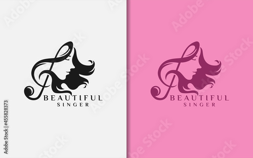 Beautiful Women Singer Logo Design with Music Chord Combination Style Concept.