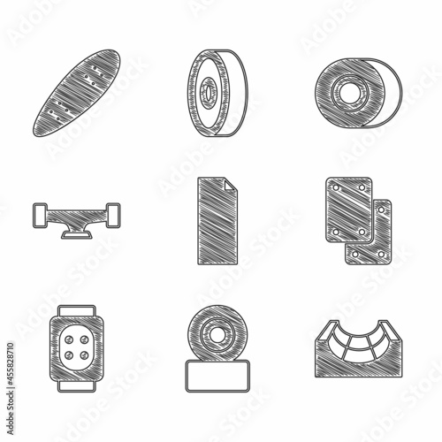 Set Grip tape on a skateboard, Skateboard wheel, park, Knee pads, and Longboard or icon. Vector