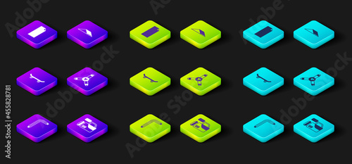 Set Tool allen keys, Cinema camera, Skateboard, Y-tool, park and Grip tape on skateboard icon. Vector